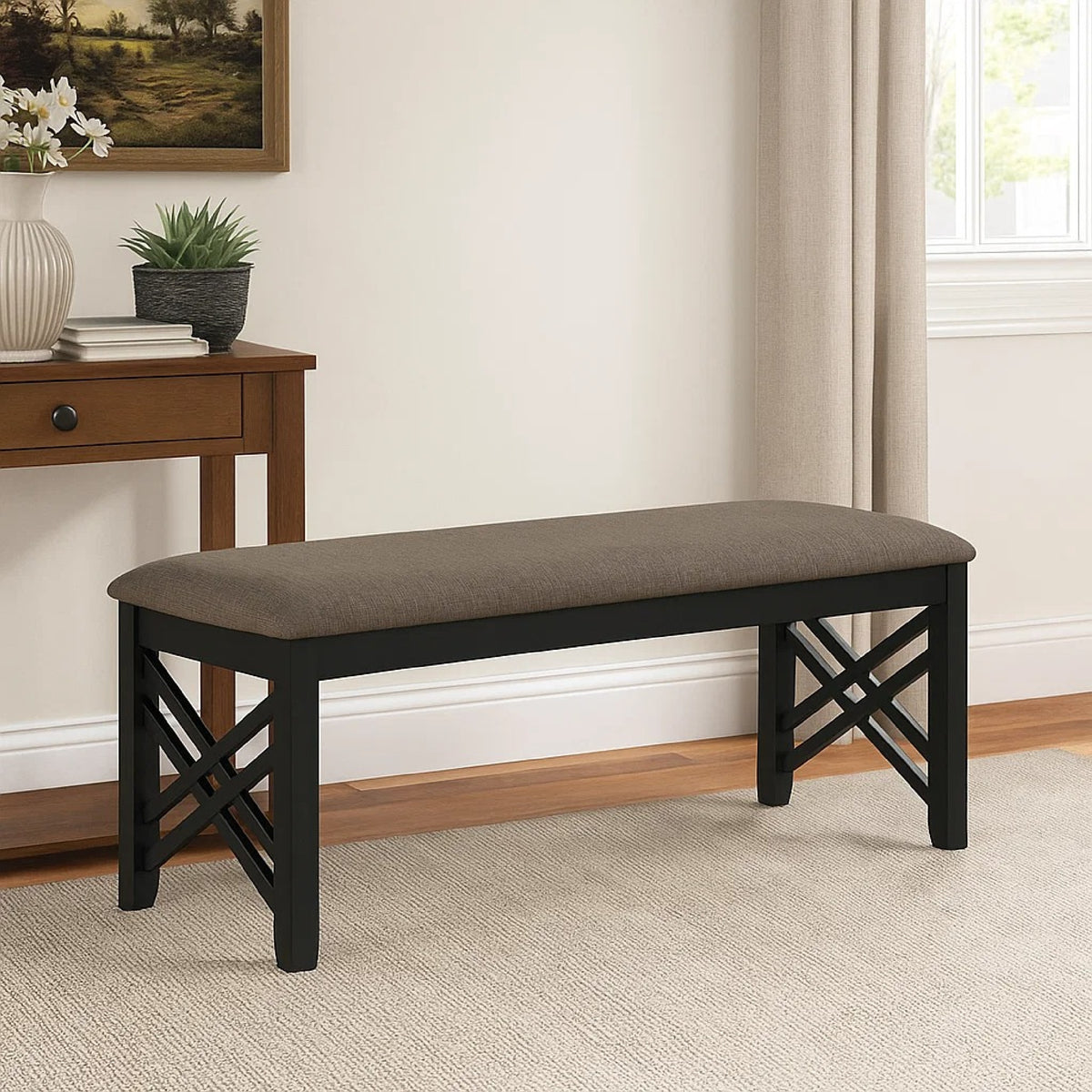 Mac Dining Bench, Brown Polyester, Lattice Design Black Wood, 41 Inch  - BM329968