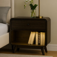 Roxy Nightstand with 1 Drawer and 1 Shelf, Walnut Brown Solid Wood  - BM329977