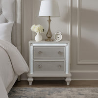 Stacy Nightstand with 2 Drawers and LED Lights, Silver and White Wood -BM329983