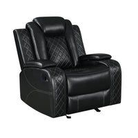 Ronie Manual Glider Recliner Chair, Storage Arms, Black Faux Leather  - BM329995