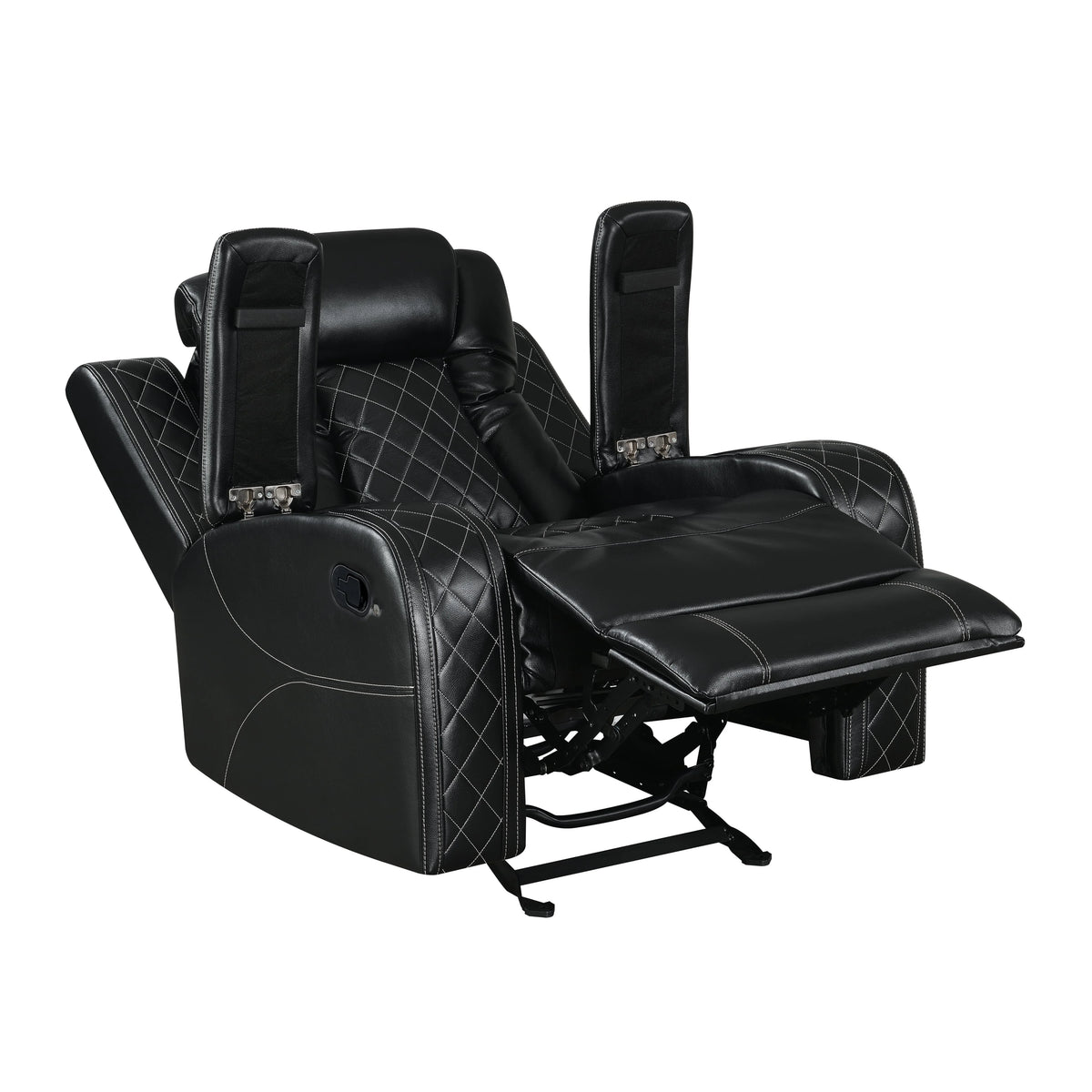 Ronie Manual Glider Recliner Chair, Storage Arms, Black Faux Leather  - BM329995