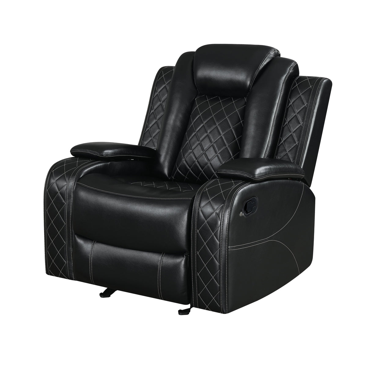 Ronie Manual Glider Recliner Chair, Storage Arms, Black Faux Leather  - BM329995