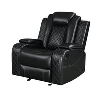 Ronie Manual Glider Recliner Chair, Storage Arms, Black Faux Leather  - BM329995