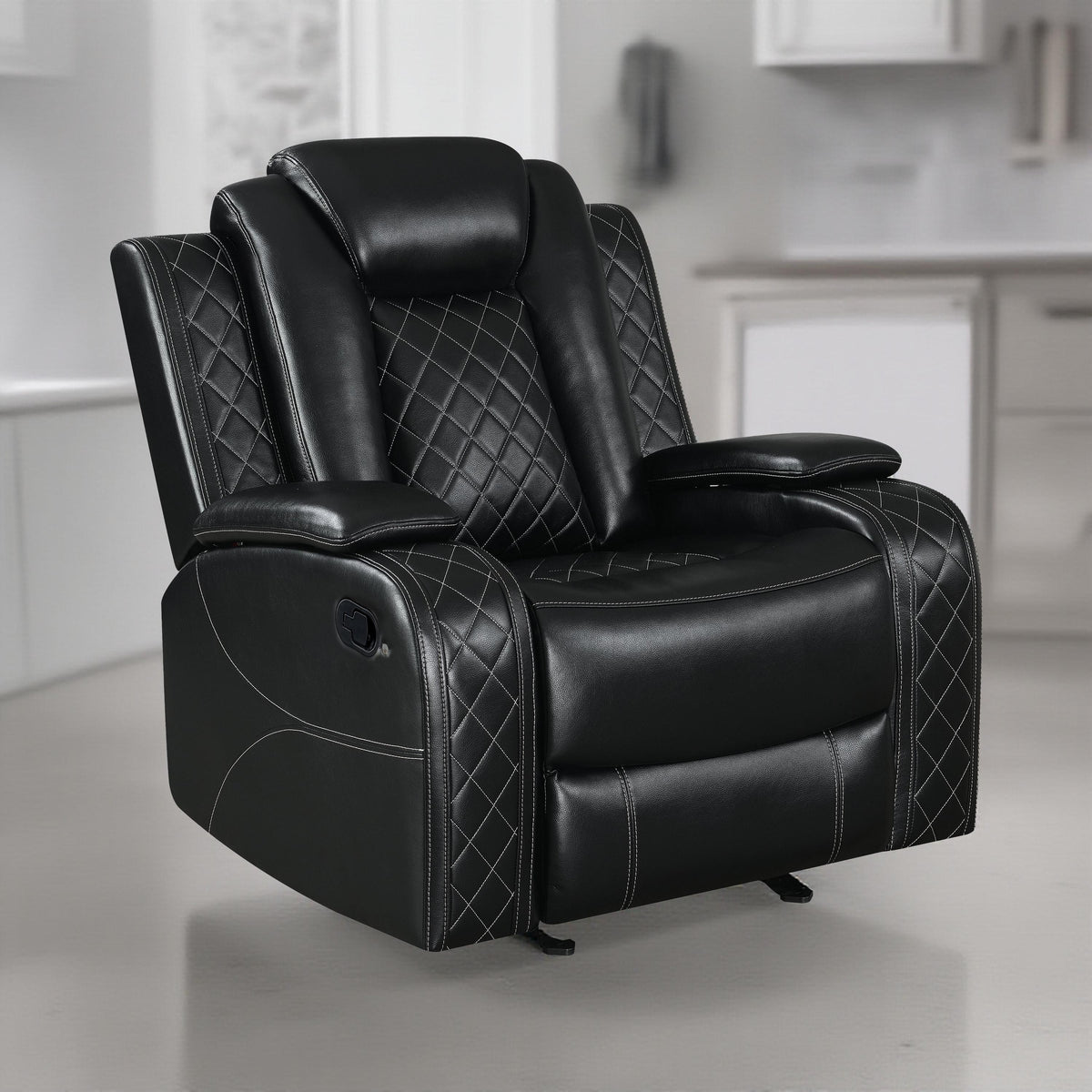 Ronie Manual Glider Recliner Chair, Storage Arms, Black Faux Leather  - BM329995