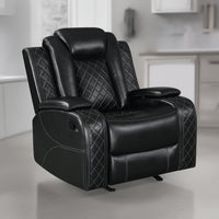 Ronie Manual Glider Recliner Chair, Storage Arms, Black Faux Leather  - BM329995