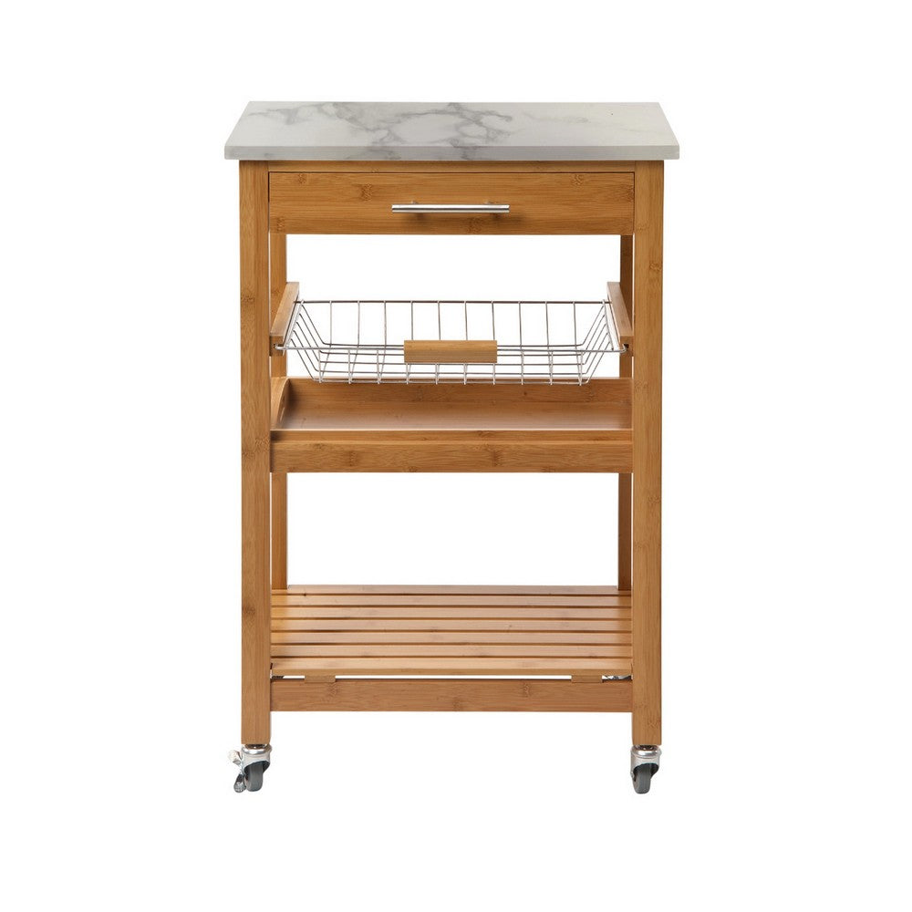 Jude Rolling Kitchen Bar Cart, 2 Shelves, Faux Marble, Brown Bamboo -BM330001