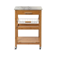 Jude Rolling Kitchen Bar Cart, 2 Shelves, Faux Marble, Brown Bamboo -BM330001