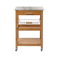 Jude Rolling Kitchen Bar Cart, 2 Shelves, Faux Marble, Brown Bamboo -BM330001