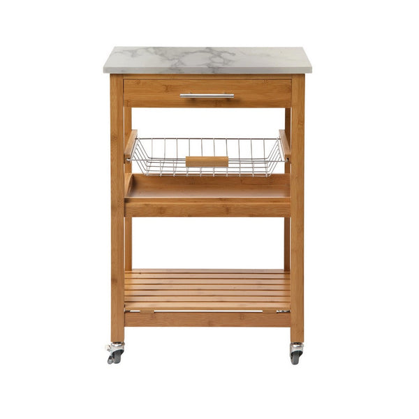 Jude Rolling Kitchen Bar Cart, 2 Shelves, Faux Marble, Brown Bamboo -BM330001
