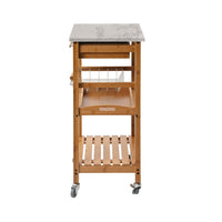 Jude Rolling Kitchen Bar Cart, 2 Shelves, Faux Marble, Brown Bamboo -BM330001