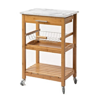 Jude Rolling Kitchen Bar Cart, 2 Shelves, Faux Marble, Brown Bamboo -BM330001