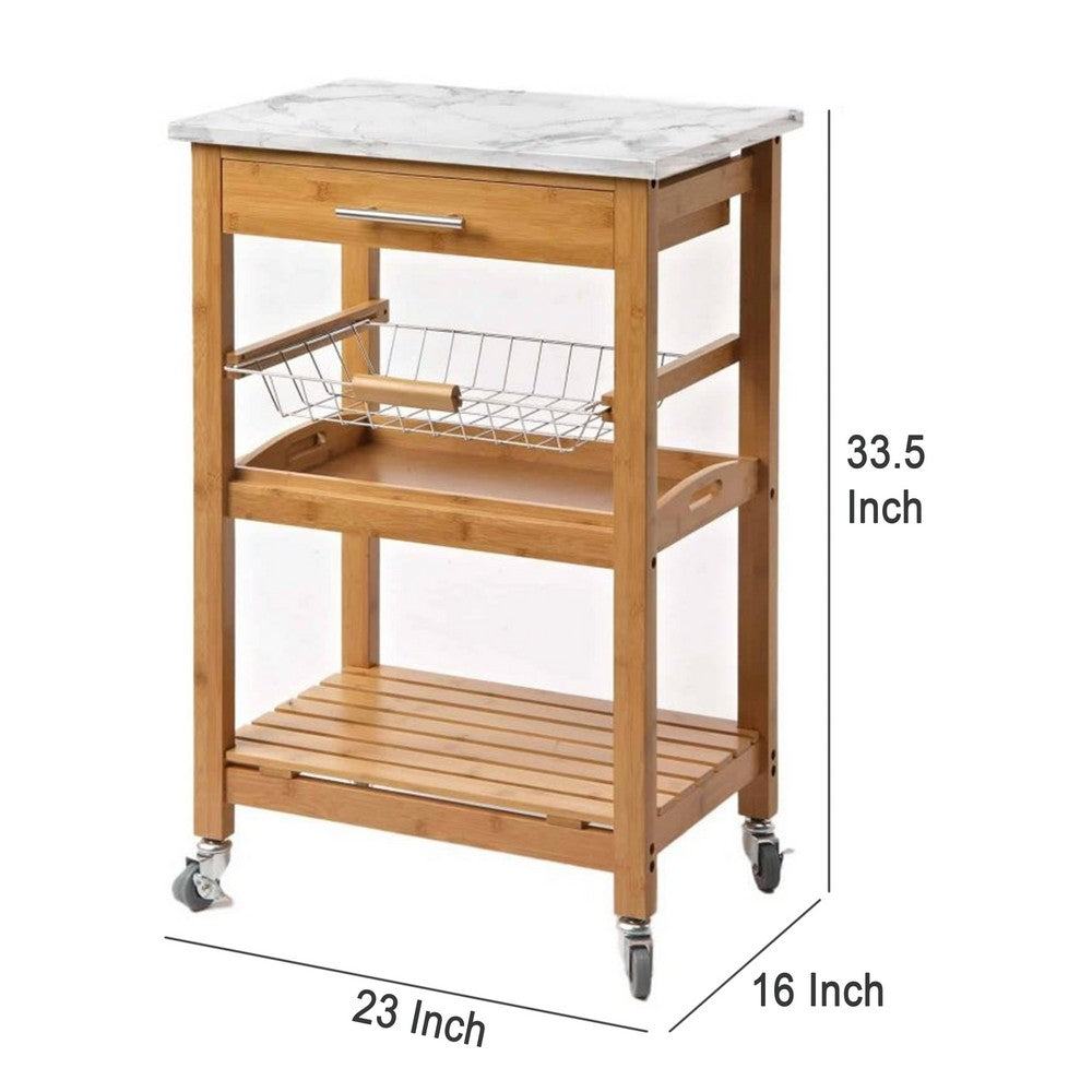 Jude Rolling Kitchen Bar Cart, 2 Shelves, Faux Marble, Brown Bamboo -BM330001