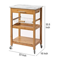 Jude Rolling Kitchen Bar Cart, 2 Shelves, Faux Marble, Brown Bamboo -BM330001