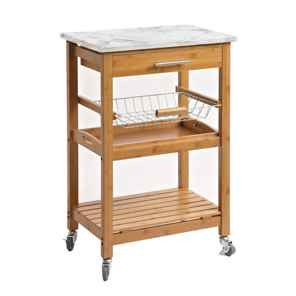 Jude Rolling Kitchen Bar Cart, 2 Shelves, Faux Marble, Brown Bamboo -BM330001