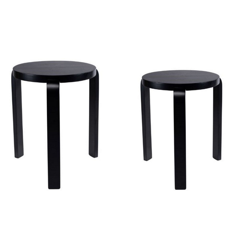 Mata Stacking Stool Ottoman, Set of 2, Modern Style, Black Rubberwood -BM330004