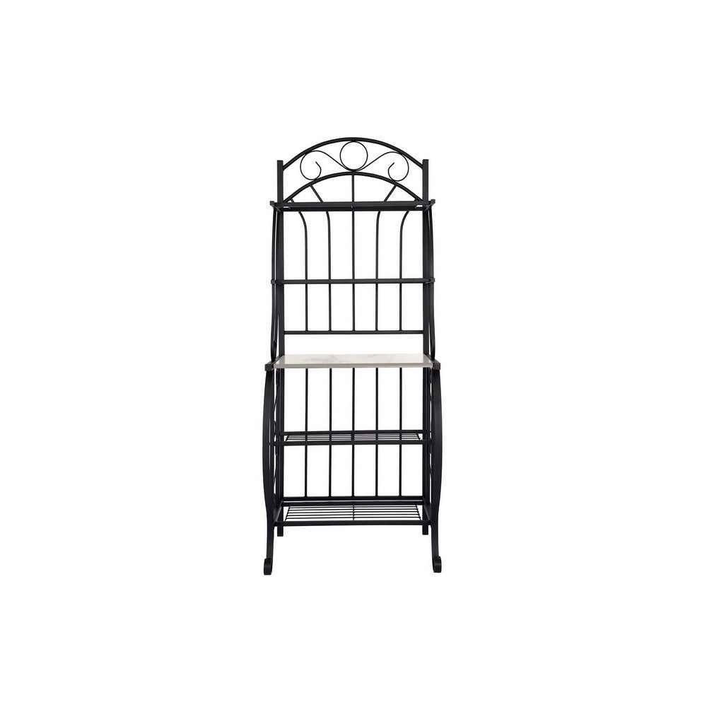 Cia 5 Tier Bakers Rack, Faux Marble Shelf, Black Metal Scrollwork -BM330007