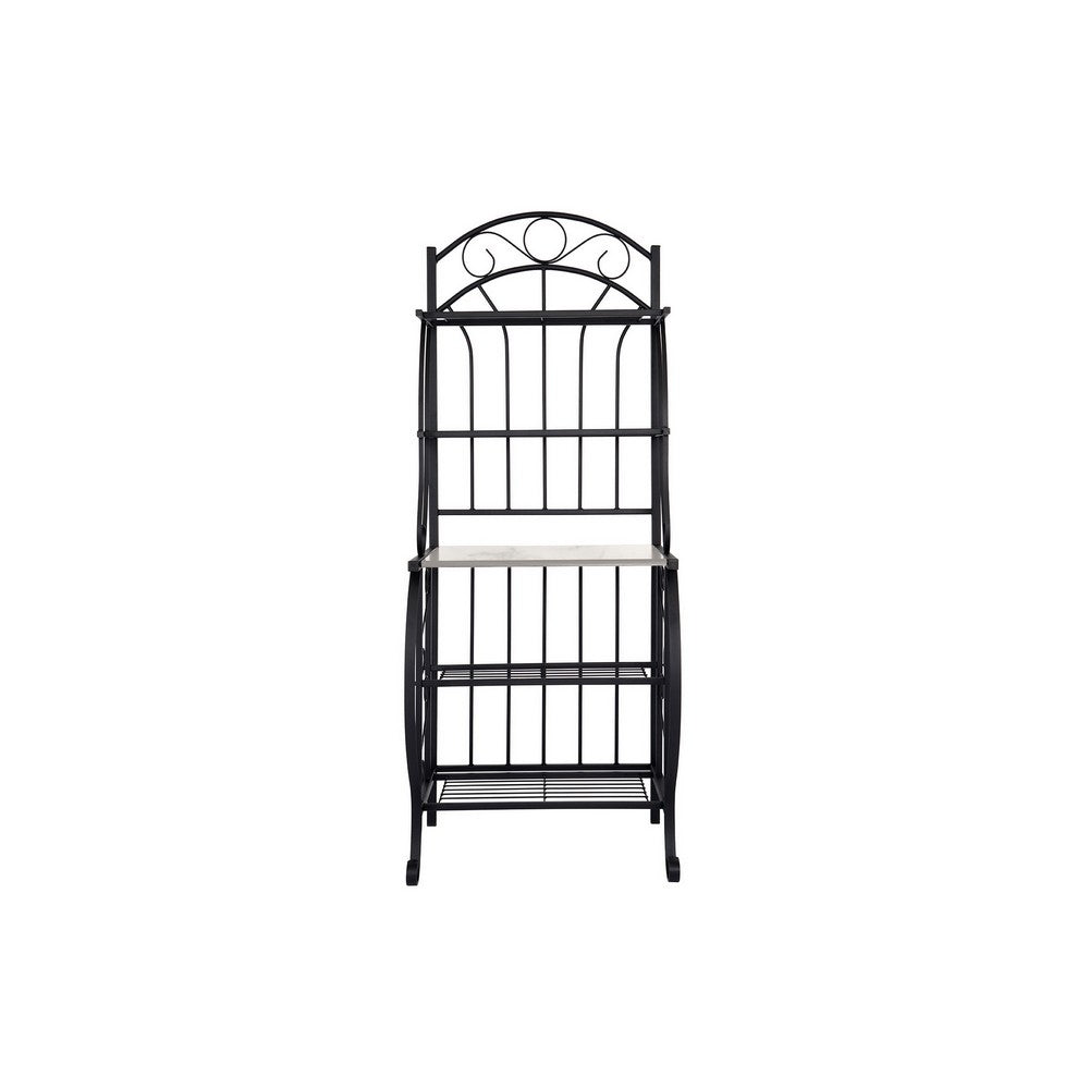 Cia 5 Tier Bakers Rack, Faux Marble Shelf, Black Metal Scrollwork -BM330007