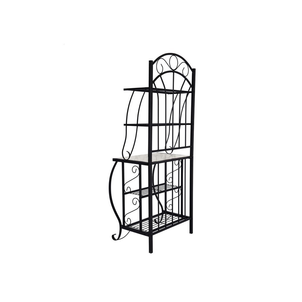Cia 5 Tier Bakers Rack, Faux Marble Shelf, Black Metal Scrollwork -BM330007