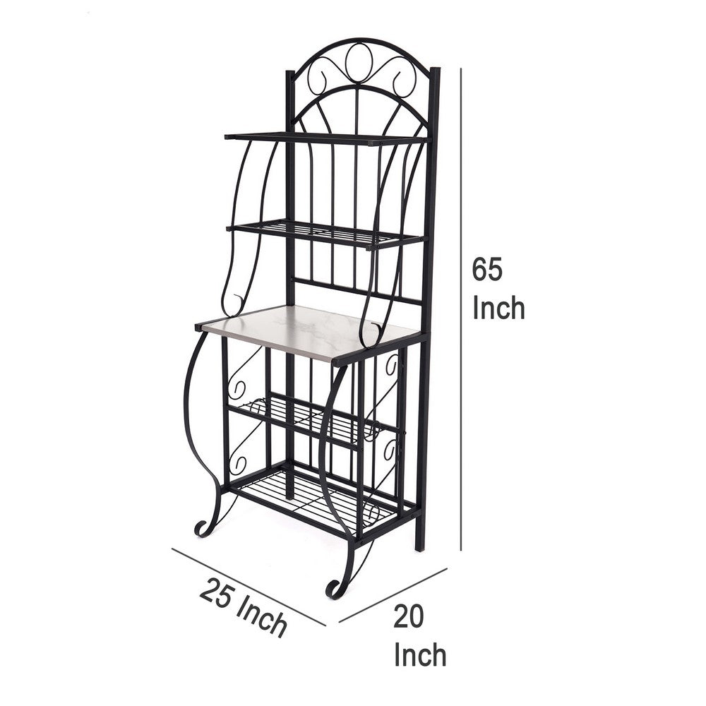Cia 5 Tier Bakers Rack, Faux Marble Shelf, Black Metal Scrollwork -BM330007