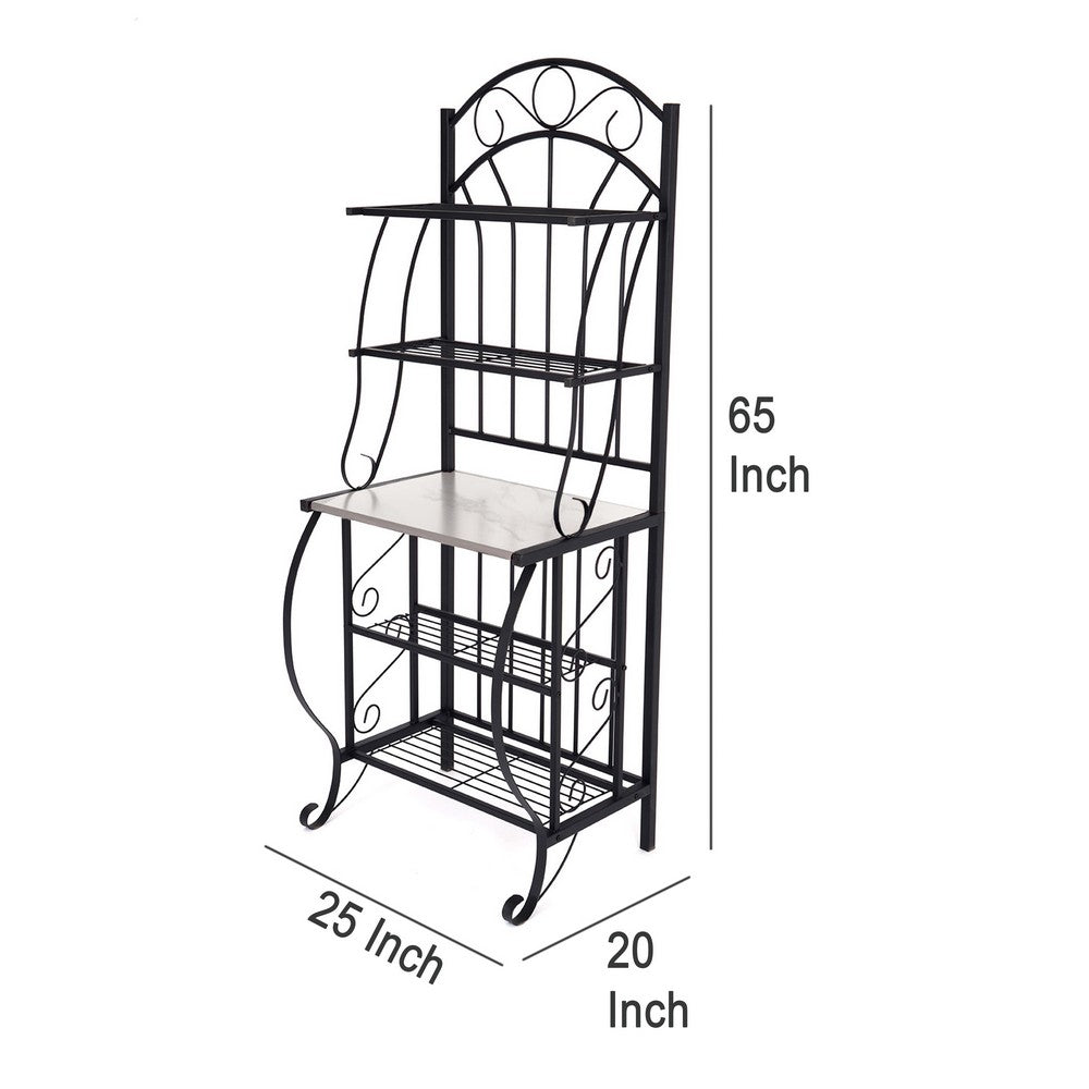Cia 5 Tier Bakers Rack, Faux Marble Shelf, Black Metal Scrollwork -BM330007