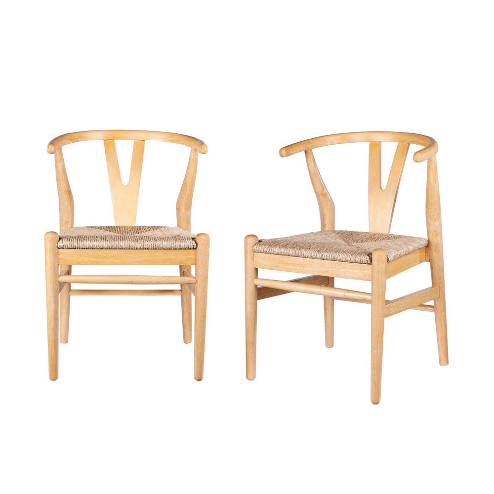 Cera Dining Chair Set of 2, Handwoven Rope Seat, Natural Brown Wood -BM330008