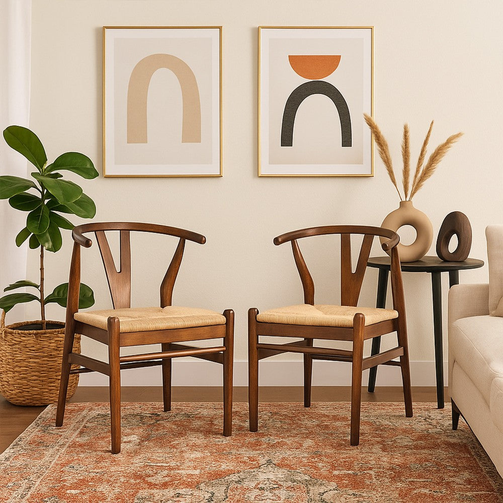 Cera Dining Chair Set of 2, Handwoven Rope, Cappuccino Brown Wood -BM330009