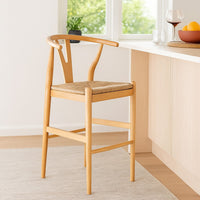 Cera Wishbone Barstool Chair, Handwoven Rope Seat, Natural Brown Wood -BM330011