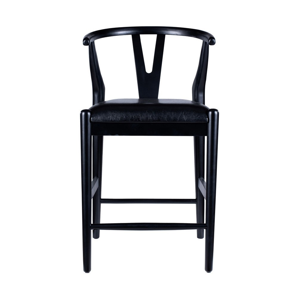 Cera Counter Stool Chair Set of 2, Faux Leather Seat, Black Rubberwood -BM330015