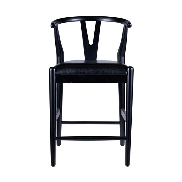 Cera Counter Stool Chair Set of 2, Faux Leather Seat, Black Rubberwood -BM330015