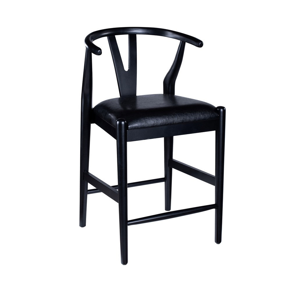 Cera Counter Stool Chair Set of 2, Faux Leather Seat, Black Rubberwood -BM330015