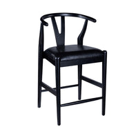 Cera Counter Stool Chair Set of 2, Faux Leather Seat, Black Rubberwood -BM330015