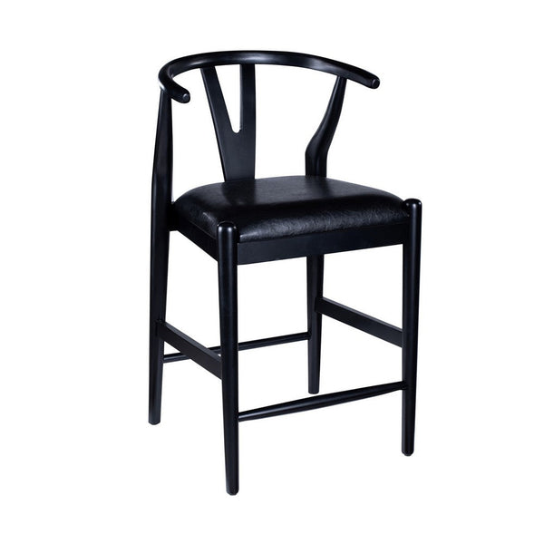 Cera Counter Stool Chair Set of 2, Faux Leather Seat, Black Rubberwood -BM330015