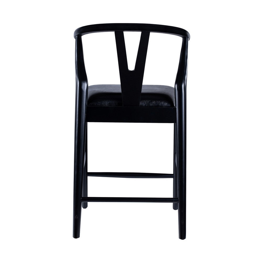 Cera Counter Stool Chair Set of 2, Faux Leather Seat, Black Rubberwood -BM330015