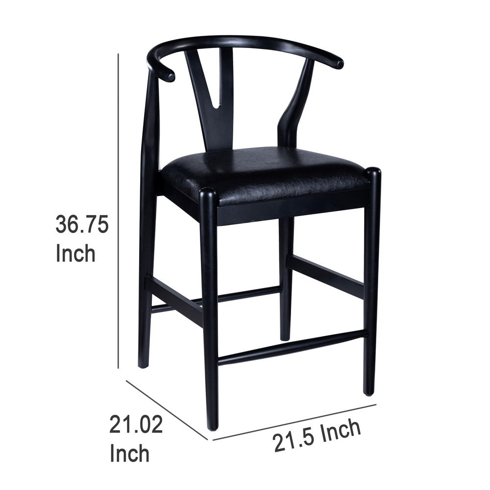 Cera Counter Stool Chair Set of 2, Faux Leather Seat, Black Rubberwood -BM330015