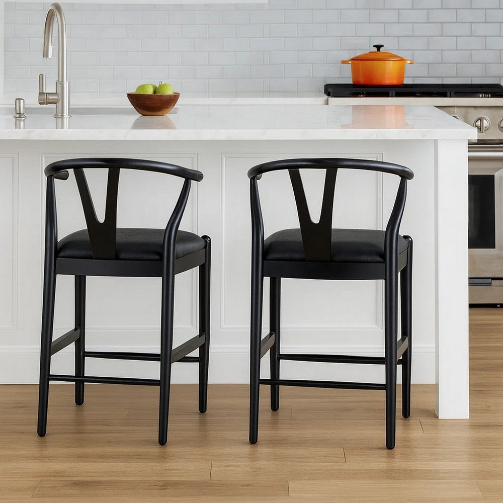 Cera Counter Stool Chair Set of 2, Faux Leather Seat, Black Rubberwood -BM330015