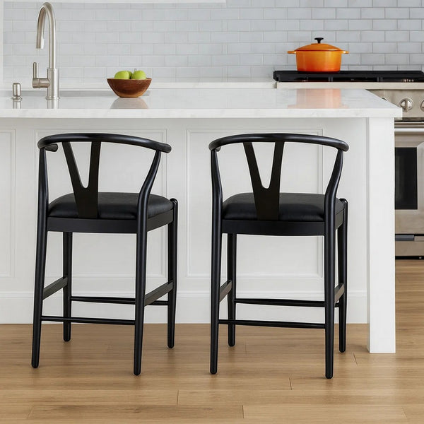 Cera Counter Stool Chair Set of 2, Faux Leather Seat, Black Rubberwood -BM330015