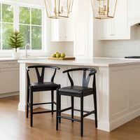 Cera Counter Stool Chair Set of 2, Faux Leather Seat, Black Rubberwood -BM330015