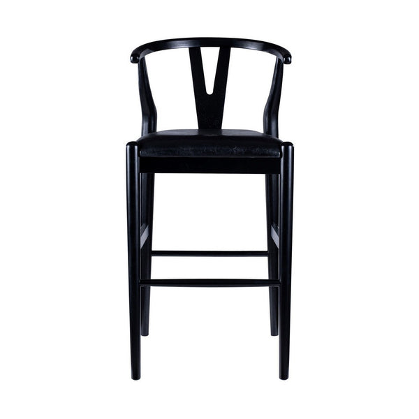 Cera Barstool Chair Set of 2, Rich Faux Leather Seat, Black Rubberwood -BM330016
