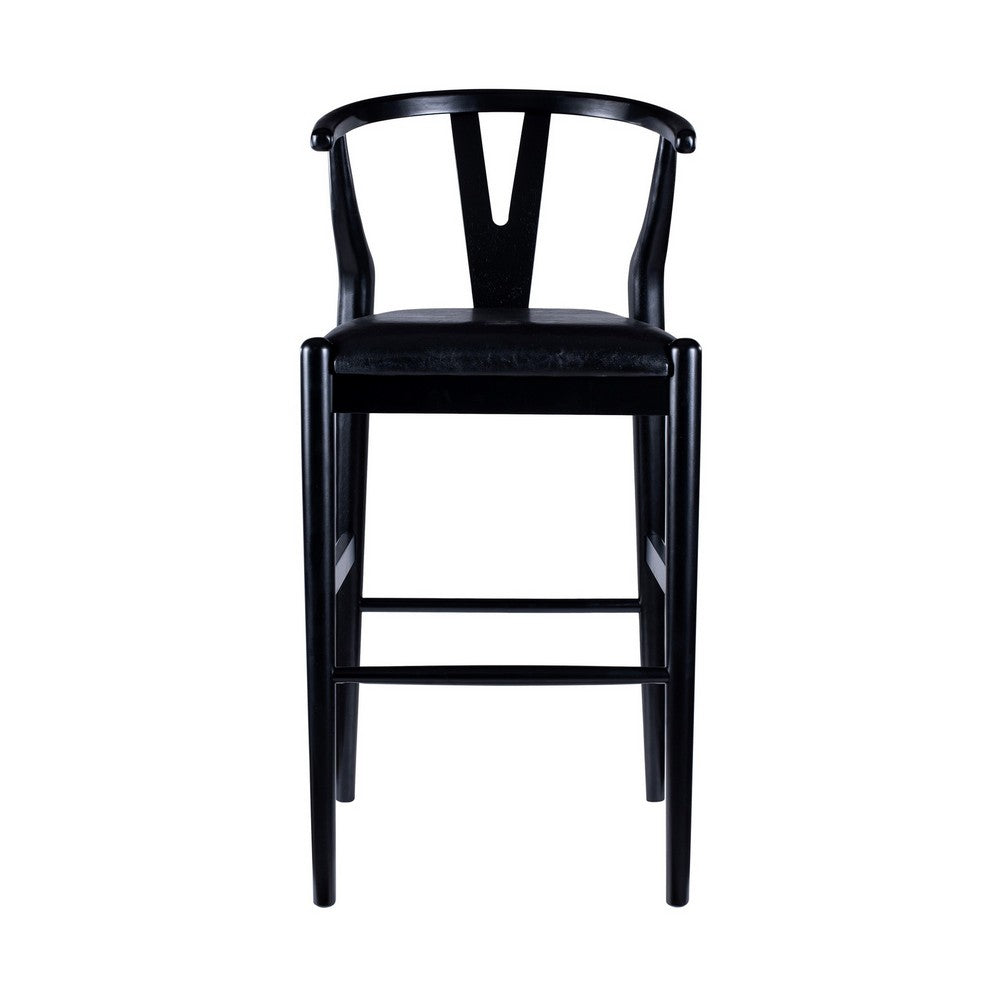 Cera Barstool Chair Set of 2, Rich Faux Leather Seat, Black Rubberwood -BM330016