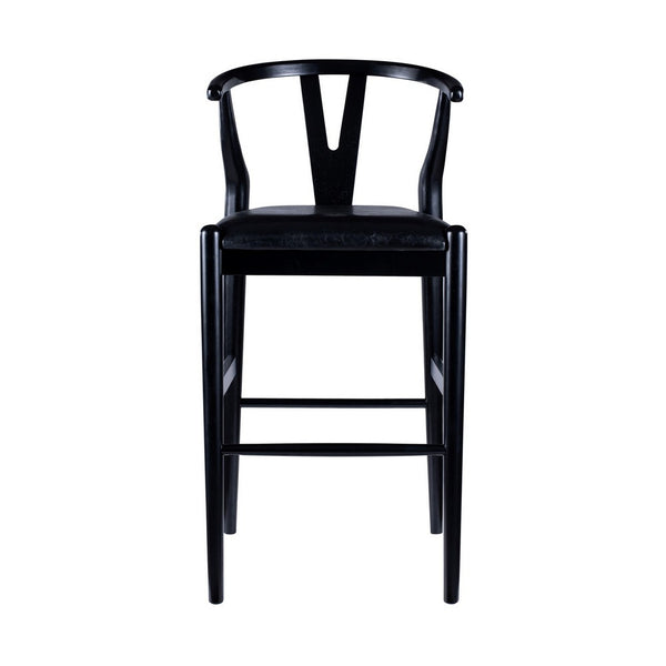 Cera Barstool Chair Set of 2, Rich Faux Leather Seat, Black Rubberwood -BM330016