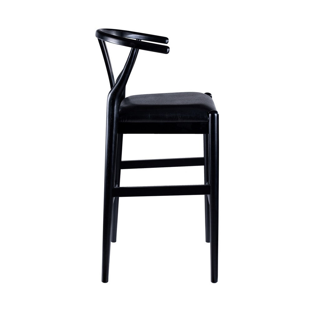 Cera Barstool Chair Set of 2, Rich Faux Leather Seat, Black Rubberwood -BM330016