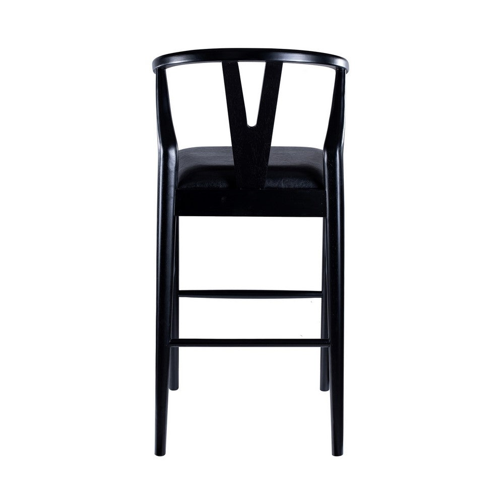 Cera Barstool Chair Set of 2, Rich Faux Leather Seat, Black Rubberwood -BM330016