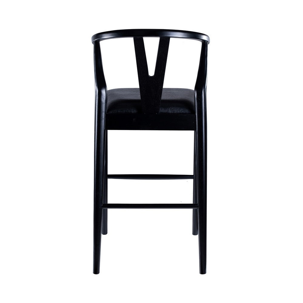 Cera Barstool Chair Set of 2, Rich Faux Leather Seat, Black Rubberwood -BM330016