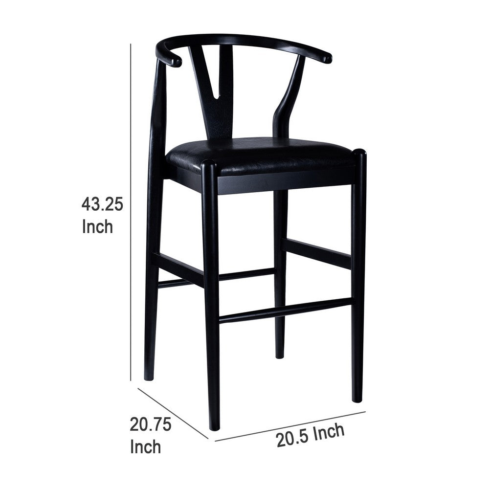 Cera Barstool Chair Set of 2, Rich Faux Leather Seat, Black Rubberwood -BM330016