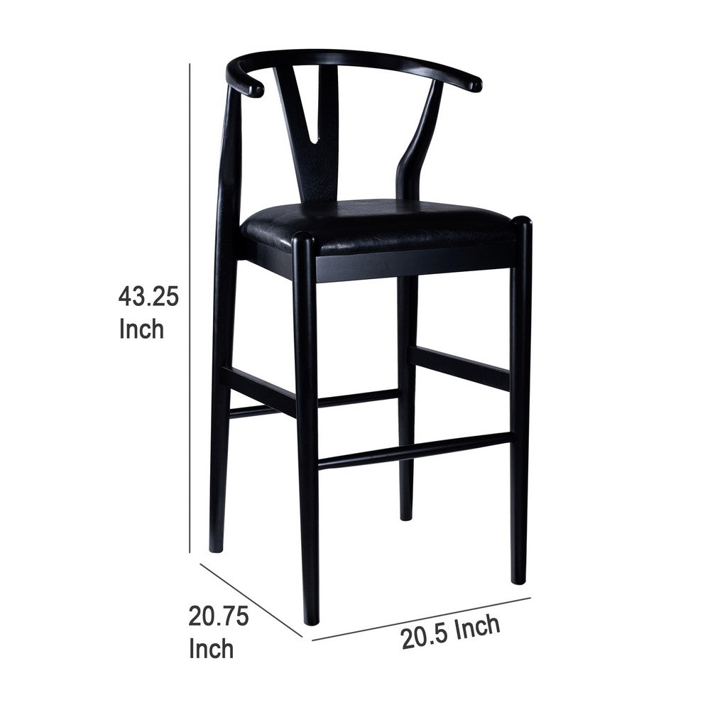 Cera Barstool Chair Set of 2, Rich Faux Leather Seat, Black Rubberwood -BM330016