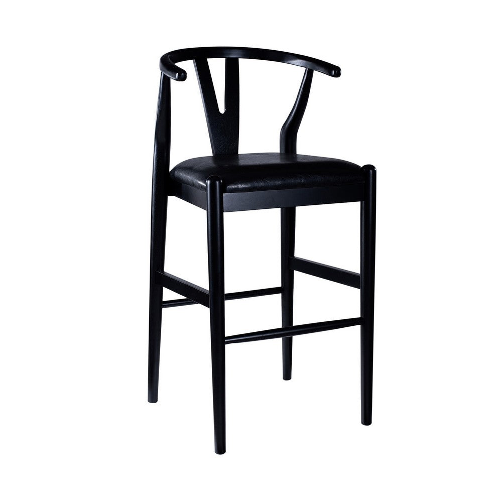 Cera Barstool Chair Set of 2, Rich Faux Leather Seat, Black Rubberwood -BM330016