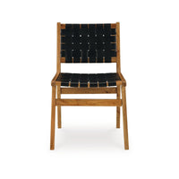Dinno Dining Side Chair Set of 2, Brown Wood, Black Woven Leather Seat -BM330018