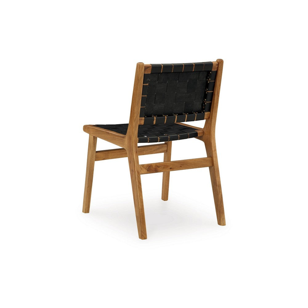 Dinno Dining Side Chair Set of 2, Brown Wood, Black Woven Leather Seat -BM330018