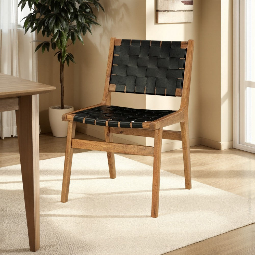 Dinno Dining Side Chair Set of 2, Brown Wood, Black Woven Leather Seat -BM330018