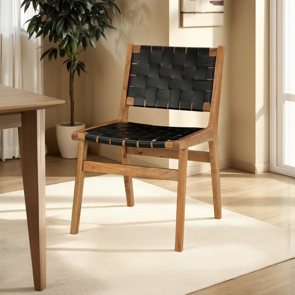 Dinno Dining Side Chair Set of 2, Brown Wood, Black Woven Leather Seat -BM330018